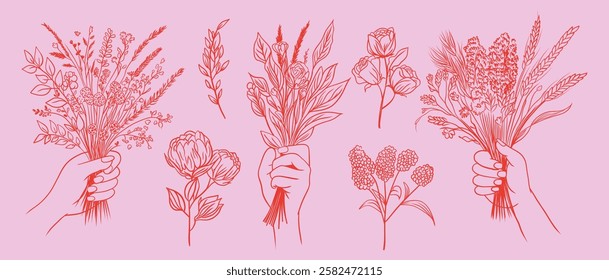 Hand drawn line art vector illustrations of hands holding bouquets of wildflowers and dried flowers, set on a soft pink background, perfect for floral and nature-themed designs