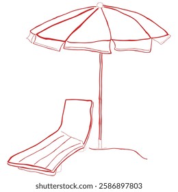 hand drawn line art vector of a beach side chair and shade.