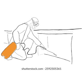 Hand drawn line art vector of a Professional Pest Control Exterminator. Pest Control service handyman working to remove cockroaches and other harmful bugs from home.