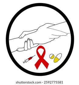 hand drawn line art vector  and  AID red ribbon, a symbol of the fight against HIV, AIDS and cancer. concept of helping those in need