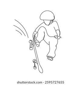  Hand drawn line art vector illustration child skateboarder  riding on skateboard in full protection and helmet in skate park  isolated on white background. Hand made vector not Al