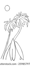 Hand drawn line art vector of Palm trees signifying Hawaiian landmarks. Hawaii postcard