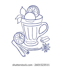 hand drawn line art vector of cinnamon tea. Doodle art.