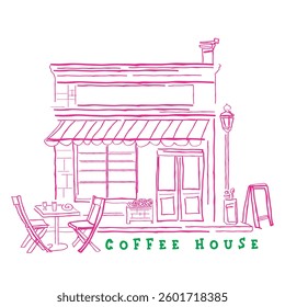 hand drawn line art vector of Coffee house. Prints for wall hangings. Coffee house prints. Freestyle retro sketches