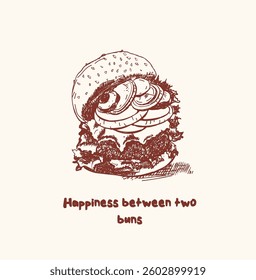 Hand drawn  line art vector illustration  Burger ingredients; burger bun, lettuce, tomato slice, cheese, meat, mayonnaise.