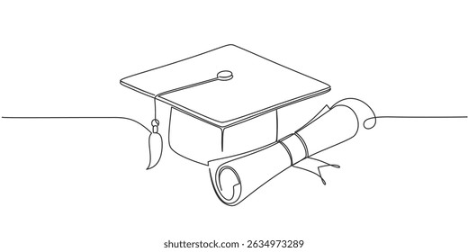 ilustração de vetor de arte de linha desenhada à mão de chapéu de graduação, ilustração de vetor de estilo de arte de linha de graduação