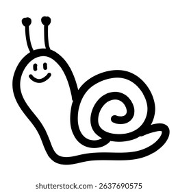 Hand drawn line art vector illustration of a smiling snail character. Color is black.