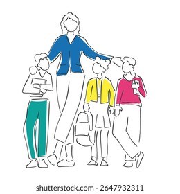 Hand drawn line art vector of a teacher with students. Back to school art. Importance of a Teacher bonding with kids.