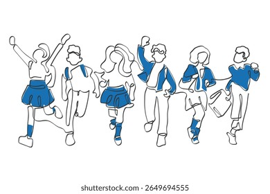 Vetor de arte desenhada à mão de crianças em idade escolar. De volta à arte da escola. Grupo empolgado de interpolações.