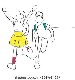 Hand drawn line art vector of school kids. Back to school art. Excited group of tweens.