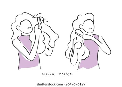 vetor de arte desenhada à mão de uma mulher que cuida do cabelo. Cuidados com o cabelo. Cabelo frágil antes e depois do cuidado.