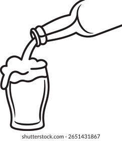 Hand drawn line art vector illustration of beer bottle pouring glass with foam and bubbles, beverage doodle icon design	