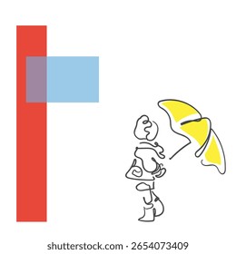 Vector de arte de línea dibujado a mano de niños jugando en la lluvia con paraguas. Temporada de monzones. Afiche de Clima lluvioso