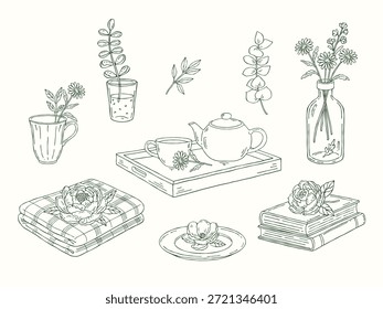 ilustração de vetor de arte desenhada à mão com objetos de decoração da casa, livros, bule de chá, xícara na bandeja e elementos botânicos. Adequado para impressões, cartazes, artigos de papelaria, embalagens e estilo de vida