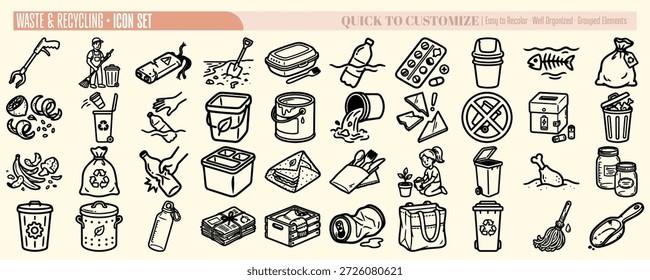 Um vetor de arte desenhada à mão exibe ícones variados de reciclagem e resíduos para usos editoriais e de marca, humor bege neutro.
