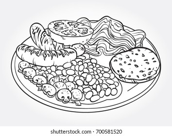 Hand drawn line art vector illustration of an English Breakfast plate with bacon, tomato, beans, mushroom and blood sausage.