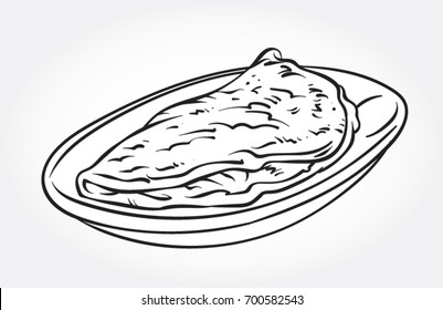 Hand drawn line art vector illustration of an Omelette in a plate.