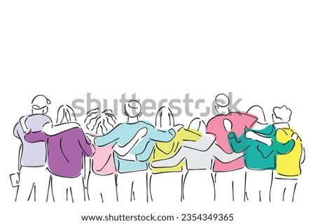 Hand drawn Line art vector of Rearview of diverse people hugging each other.