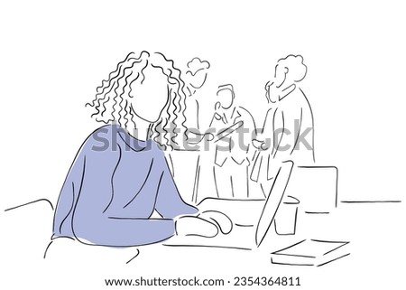 Hand drawn line art vector of Attractive african young confident businesswoman sitting at the office table with group of colleagues in the background, working on laptop computer