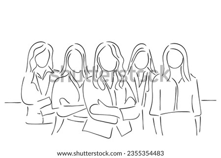 Hand drawn line art vector of a group of women entrepreneurs. Women in business art