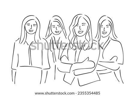 Hand drawn line art vector of a group of women entrepreneurs. Women in business art