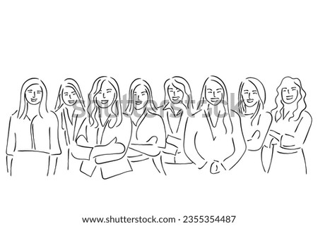 Hand drawn line art vector of a group of women entrepreneurs. Women in business art