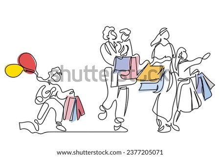 hand drawn line art vector of Happy Family Shopping. Father, Mother and Little Kids Holding Paper Bags and Balloons Visiting Supermarket for Purchases, Children with Parents in Shop Market on Weekend.