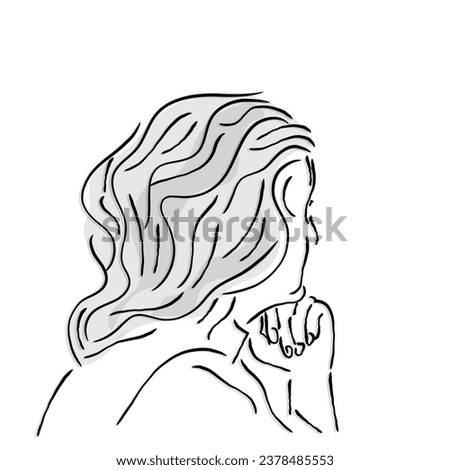 hand drawn Line art vector of sad pensive old  woman look in window distance thinking pondering. Unhappy middle-aged female feel depressed distressed, suffer from solitude loneliness at home.