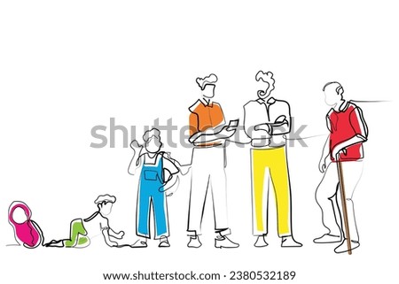 hand drawn line art vector of Stages of Man . Male Character Life Cycle, Growth, Aging Process. Happy People Baby, Toddler, Kid, Teenager, Young, Adult Senior and Old Men Timeline. Minimal Line art