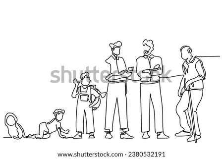 hand drawn line art vector of Stages of Man . Male Character Life Cycle, Growth, Aging Process. Happy People Baby, Toddler, Kid, Teenager, Young, Adult Senior and Old Men Timeline. Minimal Line art