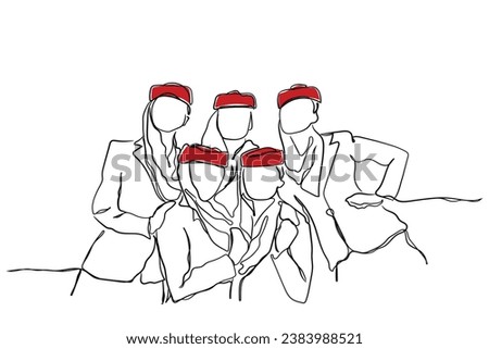 hand drawn line art vector of a bunch of young ladies presenting as airline cabin crew members.