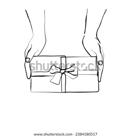 hand drawn line art vector of hands giving and receiving gifts. Holidays presents. Love and harmony. Exchange gifts ideas.