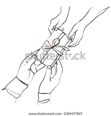 hand drawn line art vector of a girl giving fathers day gift to her father. exchange gifts