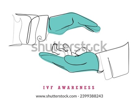 hand drawn line art vector of Baby between two palms of doctor hands on white isolated background. In vitro fertilization. Concept