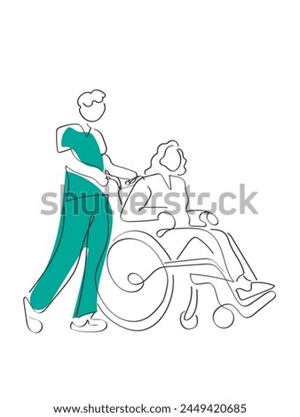 Hand drawn line art vector of Hospice care. Nurse and patients concept. Hospital care for elderly and patients in recovery.