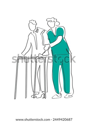 Hand drawn line art vector of Hospice care. Nurse and patients concept. Hospital care for elderly and patients in recovery.