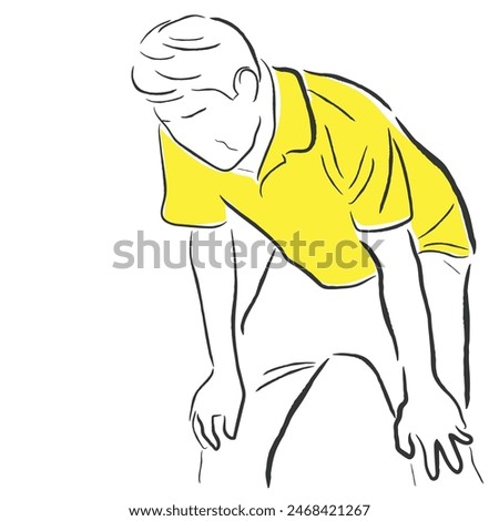 Hand drawn line art vector of a man suffering from shortness of breath, heart congestion and exhaustion due to back ache. 
