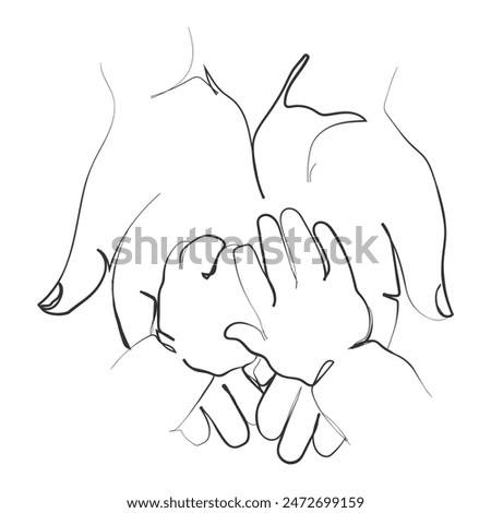 Hand drawn line art vector of tender touch of parenthood. Motherhood and fatherhood concept.