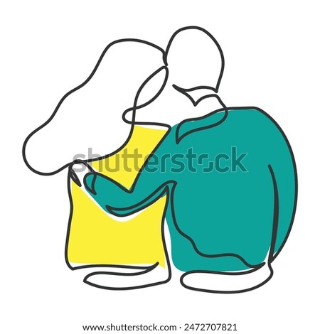 hand drawn line art vector of a couple sitting together calmly.