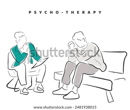 Hand drawn line art vector of a male psychotherapist with his patient in therapy.
