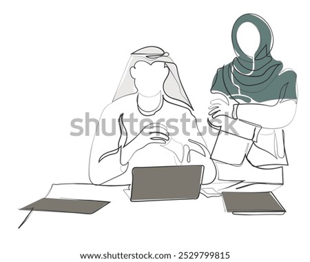 Hand drawn line art vector of arab woman presentation in corporate settings. Muslim world and growth mindset. Saudi women and men in entrepreneurship. Competent and young gulf businesspeople.