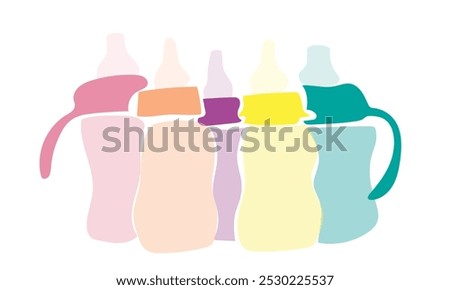 Hand drawn line art vector of baby feeders. Kids products. Milk bottles for infants and toddlers.