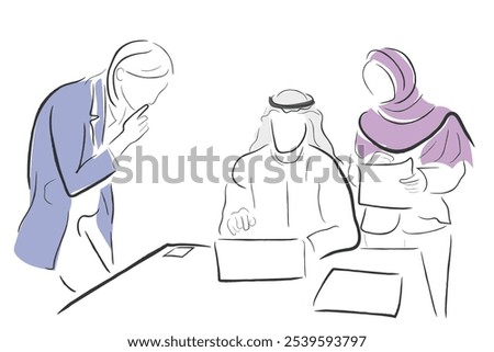 Hand drawn line art vector of a Saudi businessman brainstorming with team.