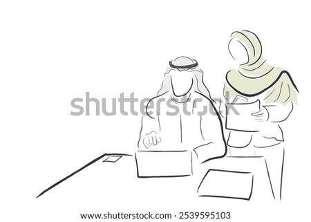 Hand drawn line art vector of an Arabian woman and man brainstorming on an idea. Saudi business community concept.