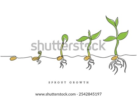 Hand drawn line art vector of a seed sprouting to a plant. A seeds life cycle.