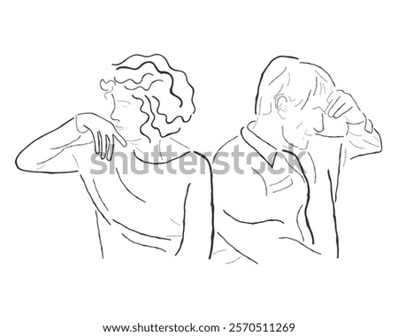 hand drawn line art vector of an elderly couple in distress. Marital Issues concept.