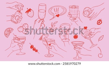 Hand drawn line art vector illustrations of drinks, fruits, and desserts with hands holding glasses, cups, and treats, set on a pink background, perfect for lifestyle, party, or celebration themes