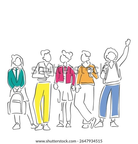 hand drawn line art vector of school kids standing together. Togetherness. Elementary kids.