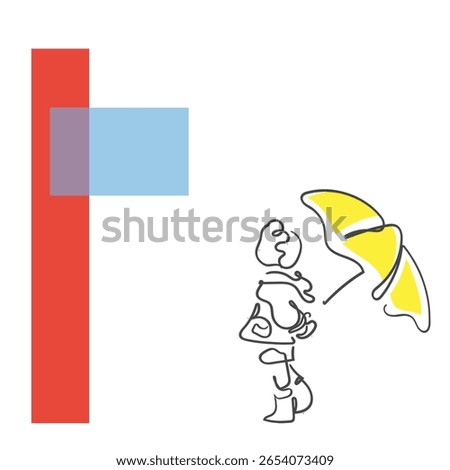 hand drawn line art vector of kids palying in rain with umbrellas. Monsoon season. Rainy weather poster