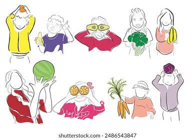 Hand drawn line art vectors of kids holding fruits. Dietitian or Nutritionist poster elements. Organic eating learning at school concept.